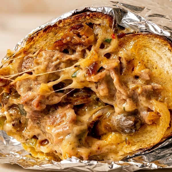 Cheesesteak sandwich with melted cheese, steak, onions, and peppers, partially wrapped in foil.