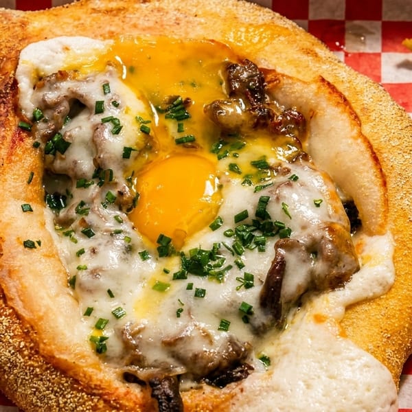 Khachapuri bread boat filled with melted cheese, beef, egg yolk, and chives, with pickled peppers.