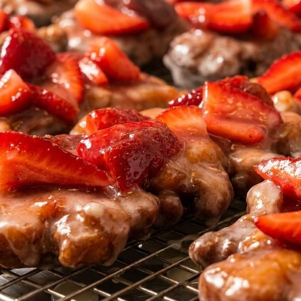 Close-up of strawberry fritters with white glaze on a cooling rack.