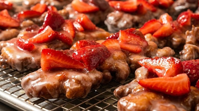Close-up of strawberry fritters with white glaze on a cooling rack.