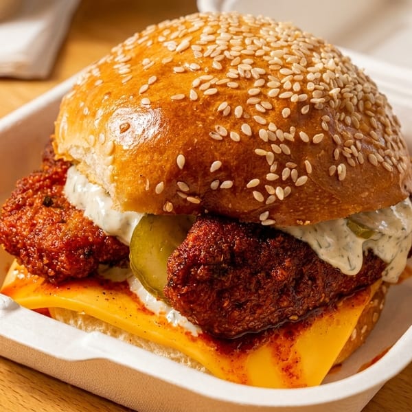Spicy fried chicken sandwich with cheese, pickles, and sauce in a takeout container.