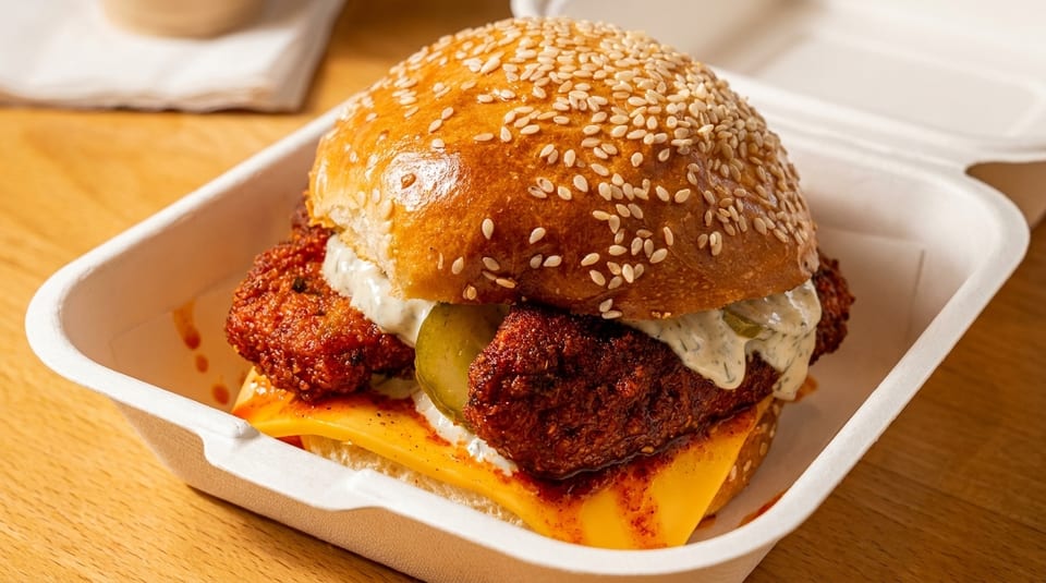 Spicy fried chicken sandwich with cheese, pickles, and sauce in a takeout container.