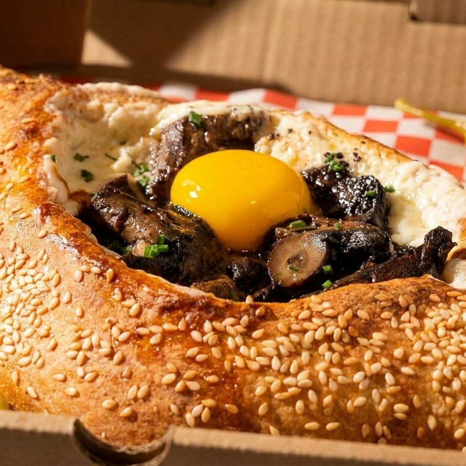 Khachapuri bread boat filled with mushrooms, cheese, and a raw egg yolk, in a takeout box.