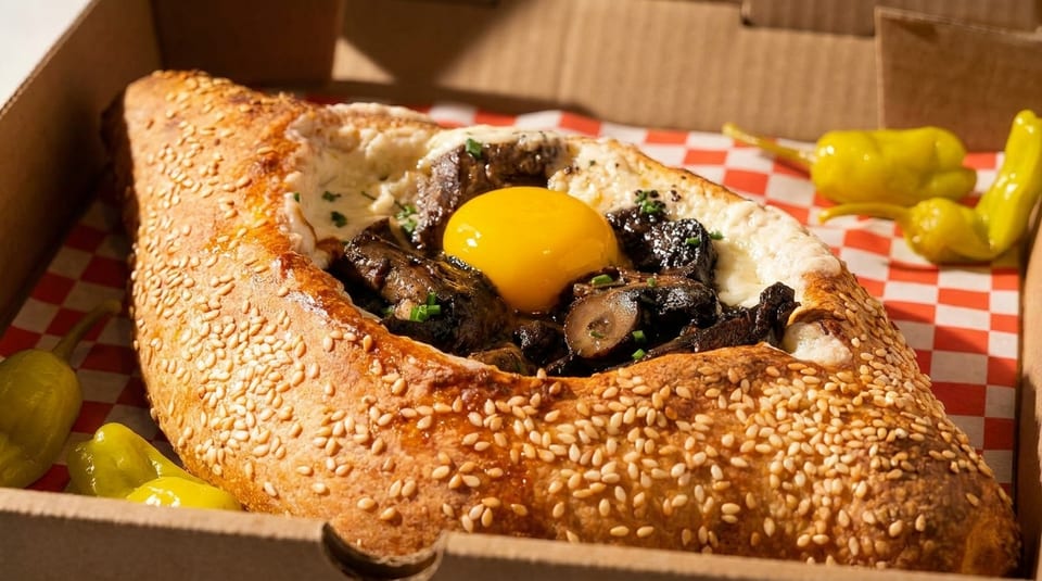 Khachapuri bread boat filled with mushrooms, cheese, and a raw egg yolk, in a takeout box.